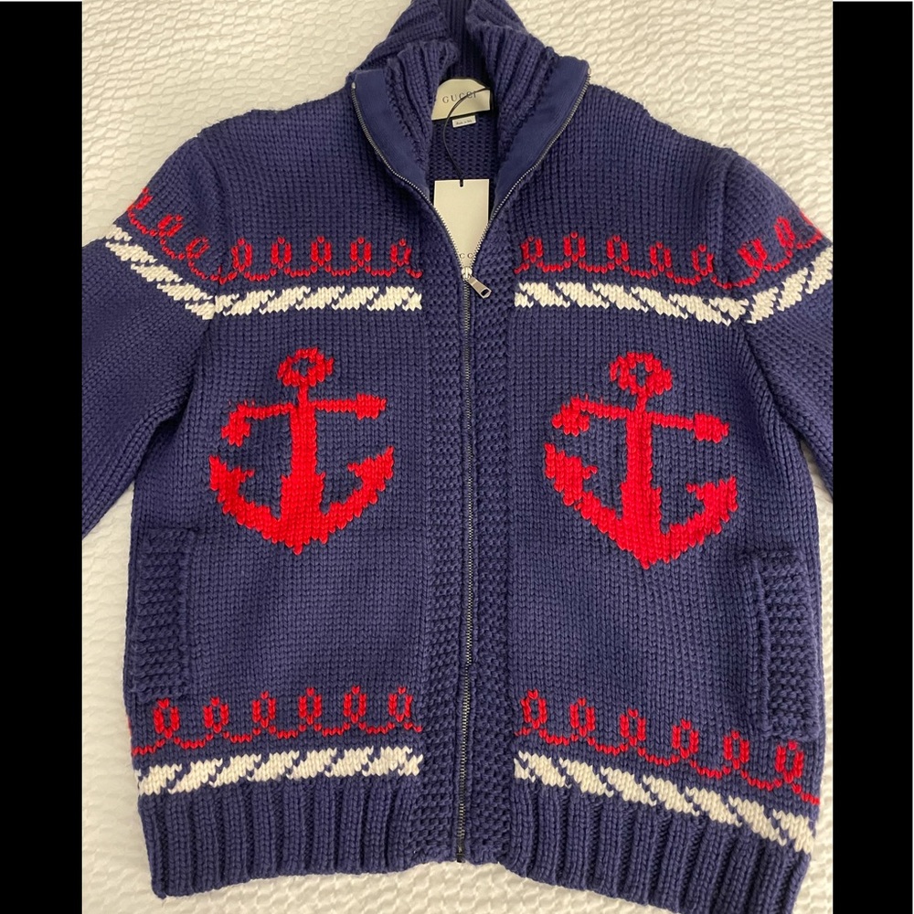 Gucci Blue Knitted Wool Bomber Sweater Size L - Picture 5 of 12